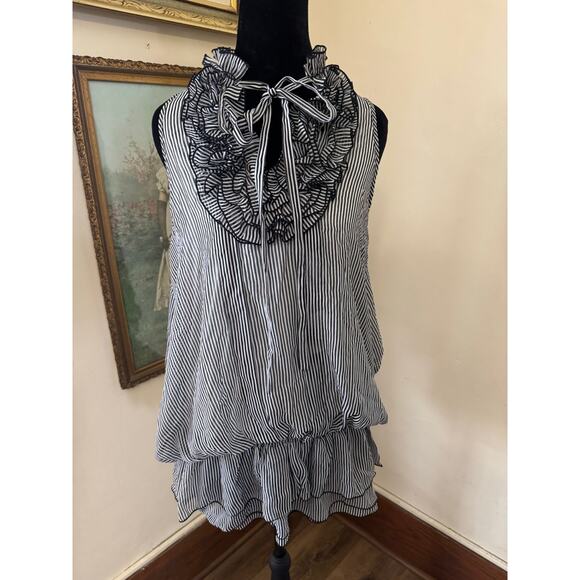 Begum Tops - Begum Sheer Ruffle Tie Neck Blouse Black White Striped Romantic Coquette Top